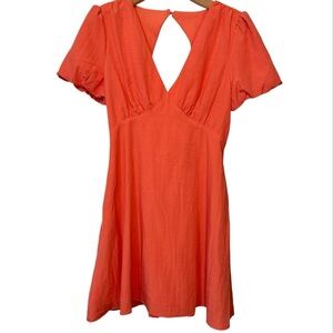Vici Vibrant Coral Peach Backless Bow Mini Dress Puff Sleeve Pockets Size Large